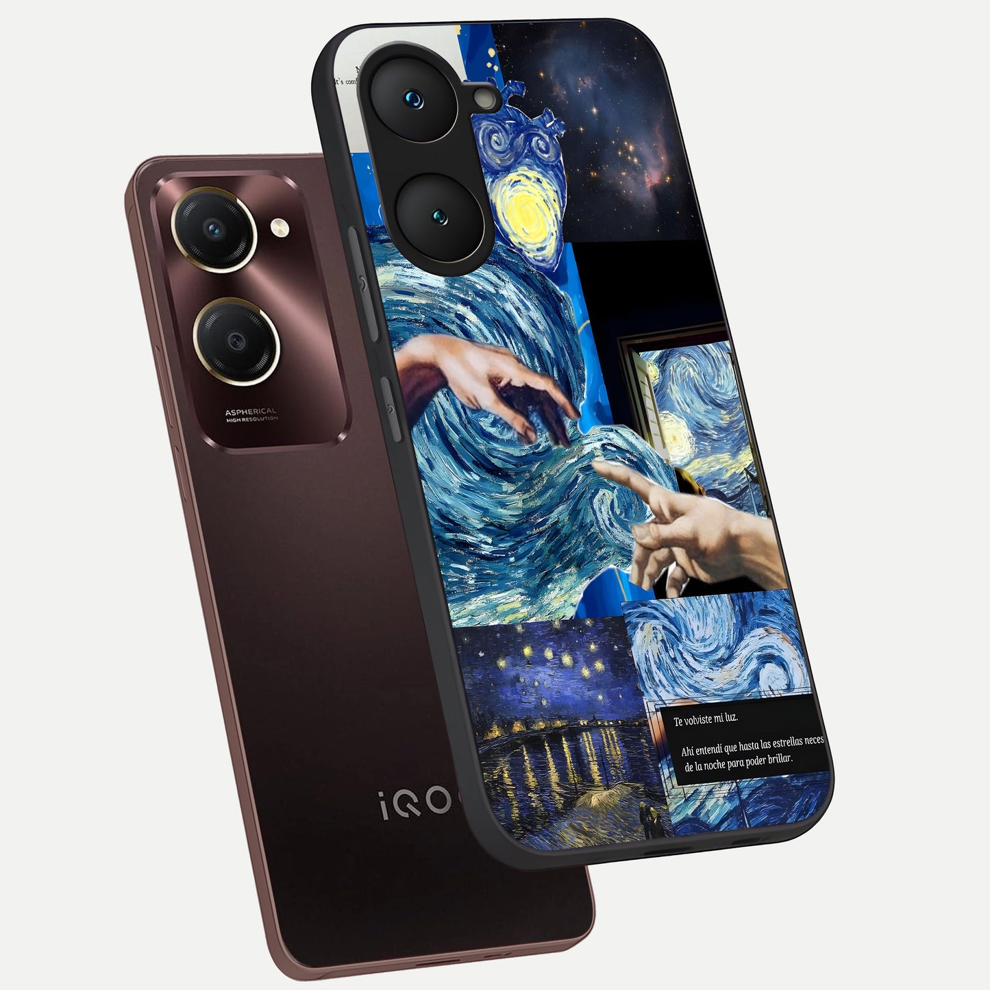  Aesthetic Vando Hands phone case for iQOO Z9 lite showing premium glass back cover with detailed artwork