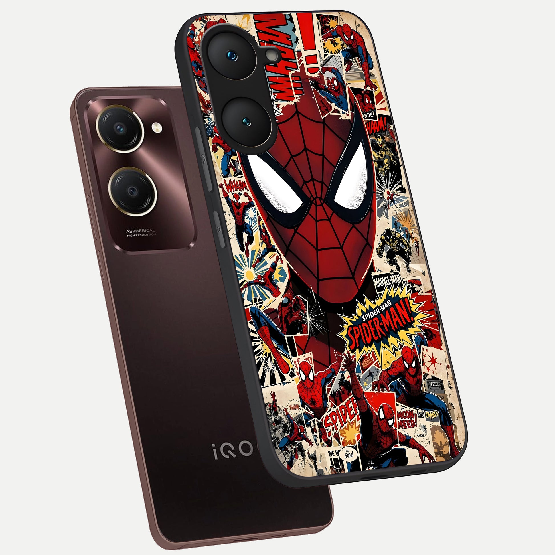  Aesthetic Wonder Spider phone case for iQOO Z9 lite showing premium glass back cover with detailed artwork