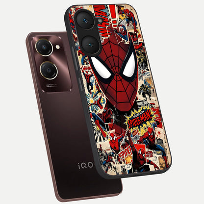  Aesthetic Wonder Spider phone case for iQOO Z9 lite showing premium glass back cover with detailed artwork