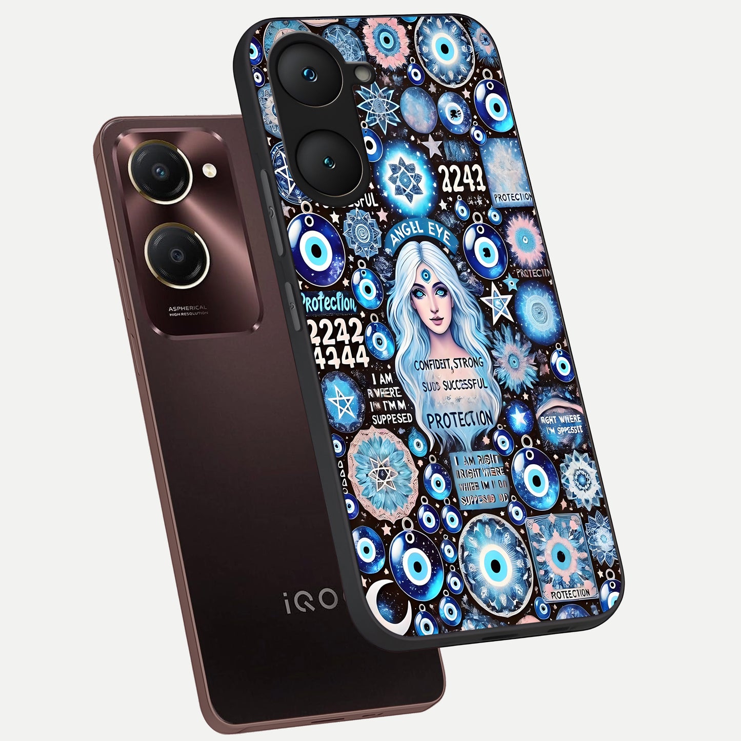 Angel Aura Shield phone case for iQOO Z9 lite showing premium glass back cover with detailed artwork
