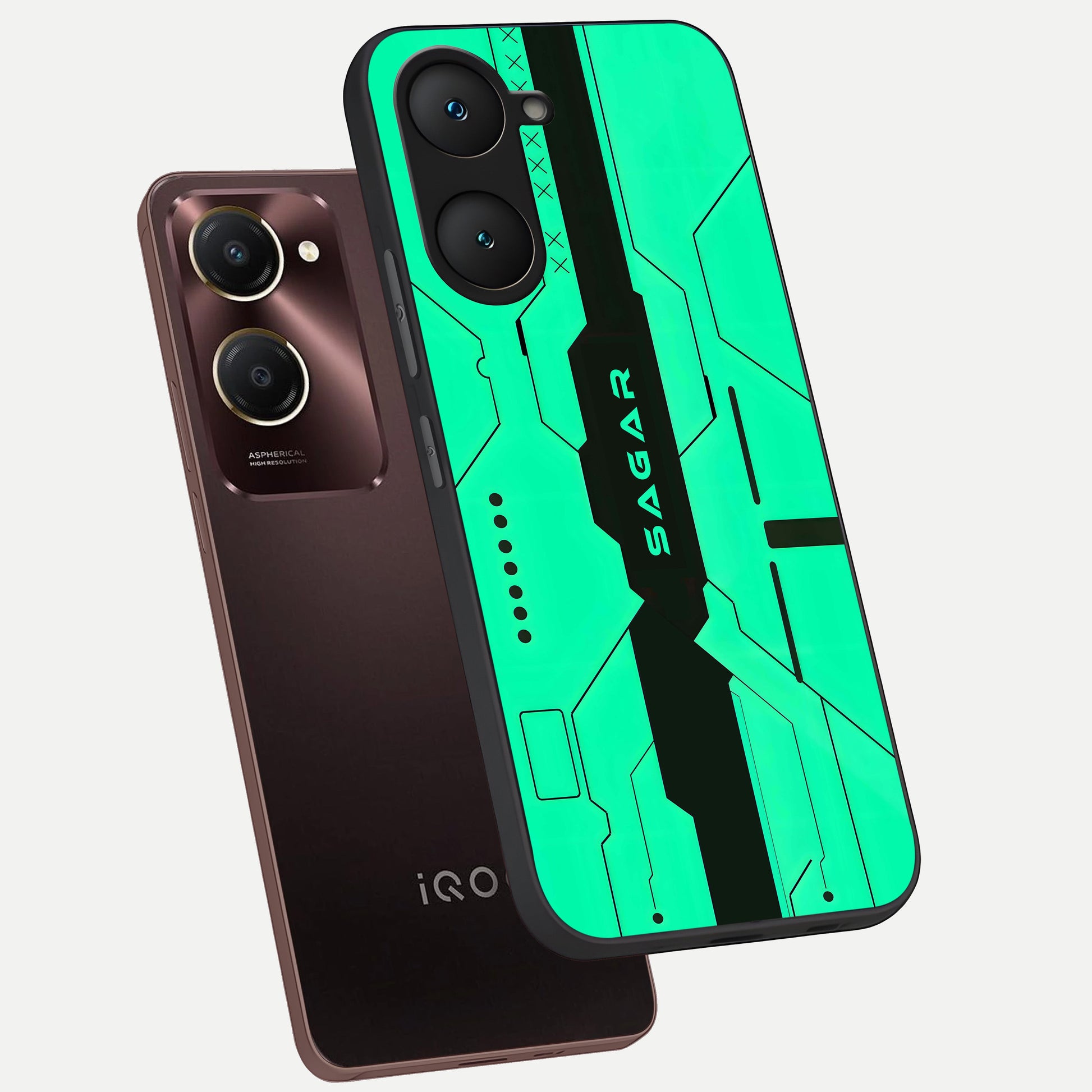  Aqua Tech CYBERPUNK Custom Name phone case for iQOO Z9 lite showing premium glass back cover with detailed artwork