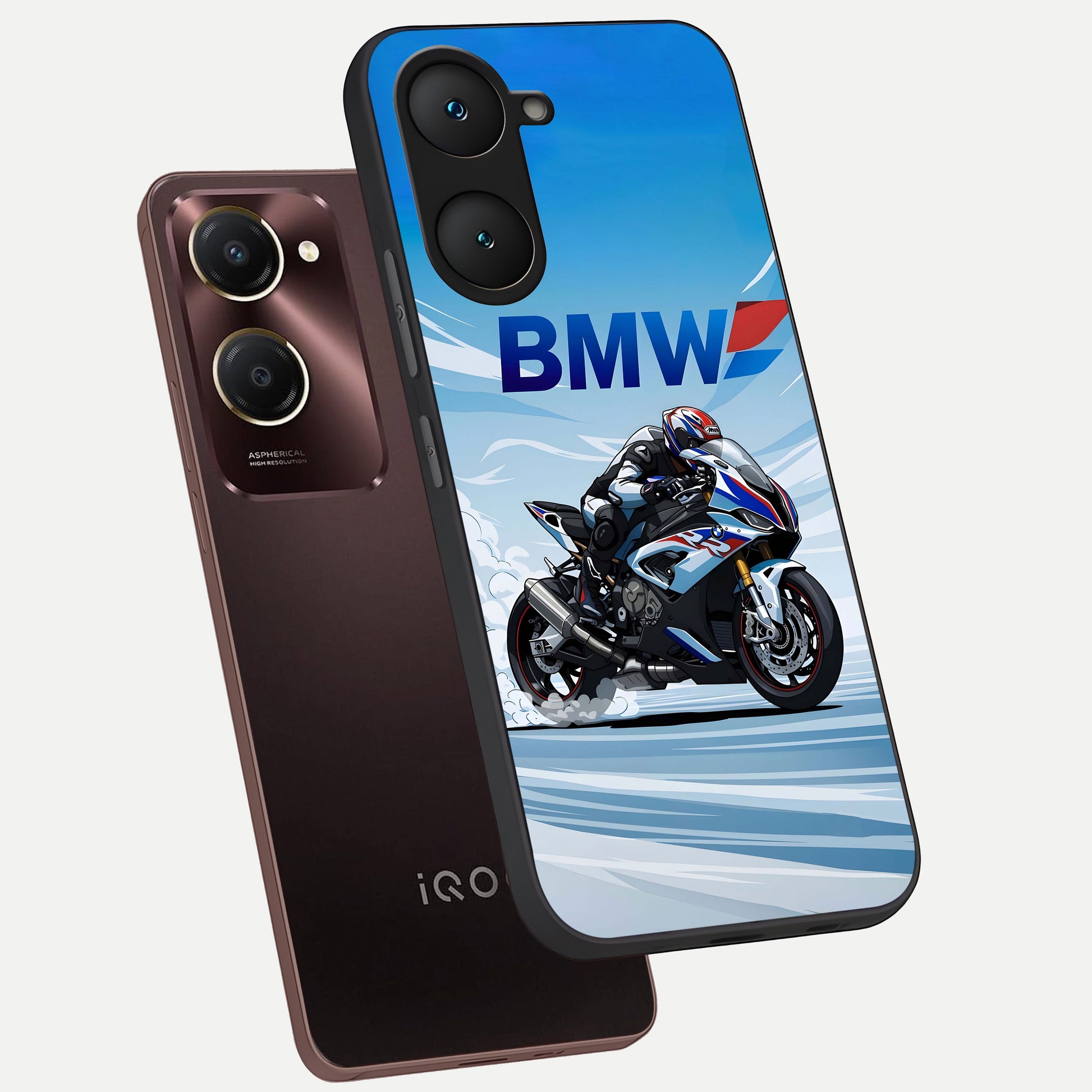  BMW Power Drift phone case for iQOO Z9 lite showing premium glass back cover with detailed artwork