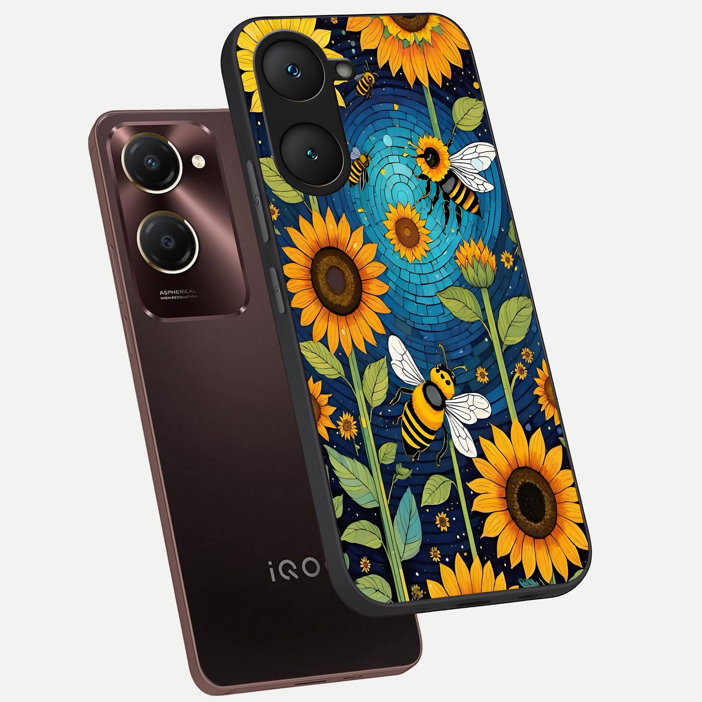  Bees And Sunflowers phone case for iQOO Z9 lite showing premium glass back cover with detailed artwork