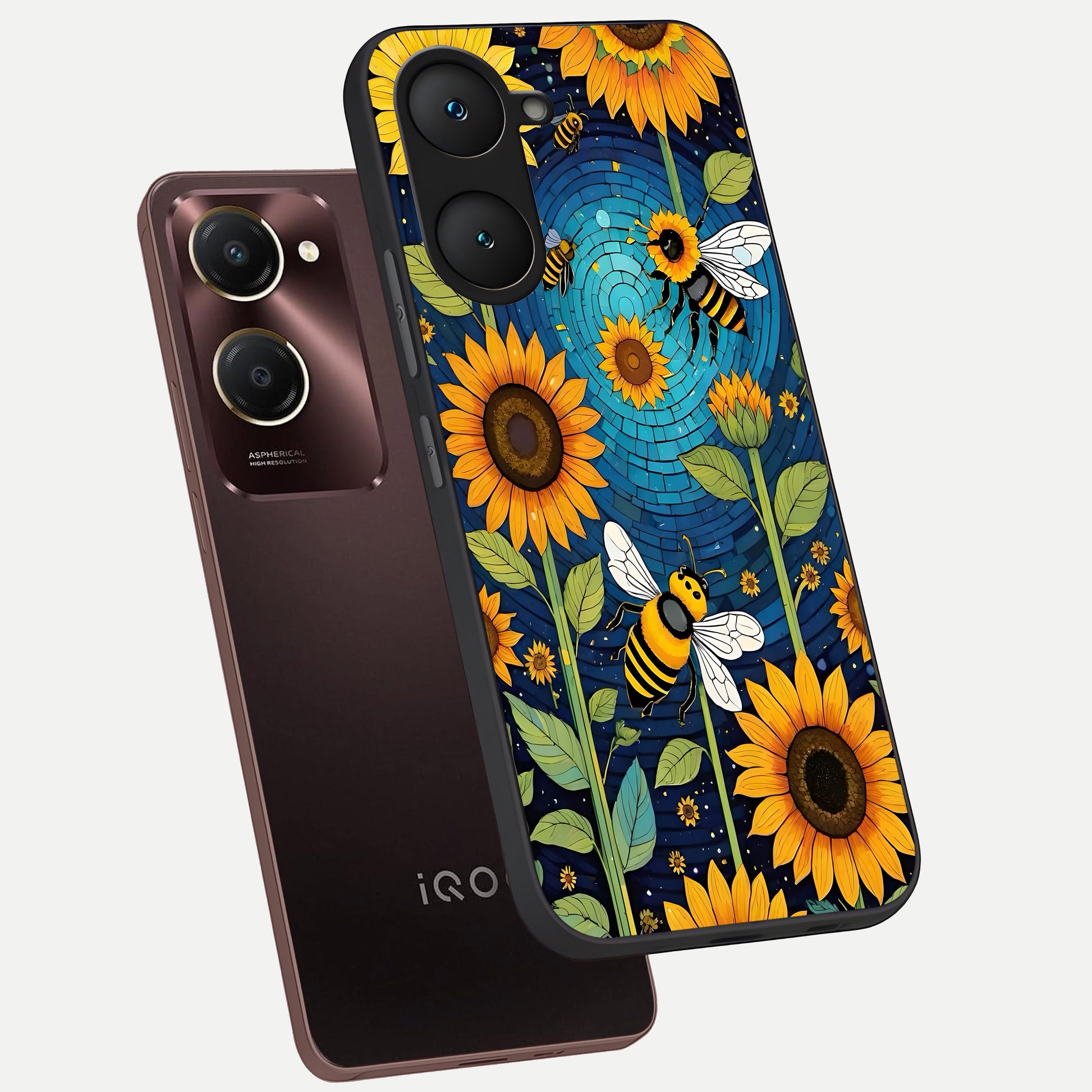  Bees And Sunflowers phone case for iQOO Z9 lite showing premium glass back cover with detailed artwork