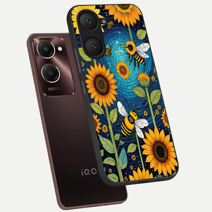  Bees And Sunflowers phone case for iQOO Z9 lite showing premium glass back cover with detailed artwork