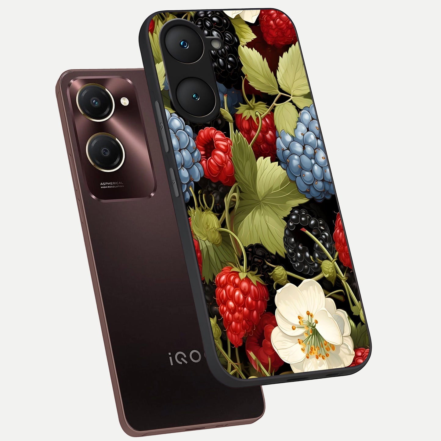  Berry Bloom Charm phone case for iQOO Z9 lite showing premium glass back cover with detailed artwork