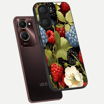  Berry Bloom Charm phone case for iQOO Z9 lite showing premium glass back cover with detailed artwork
