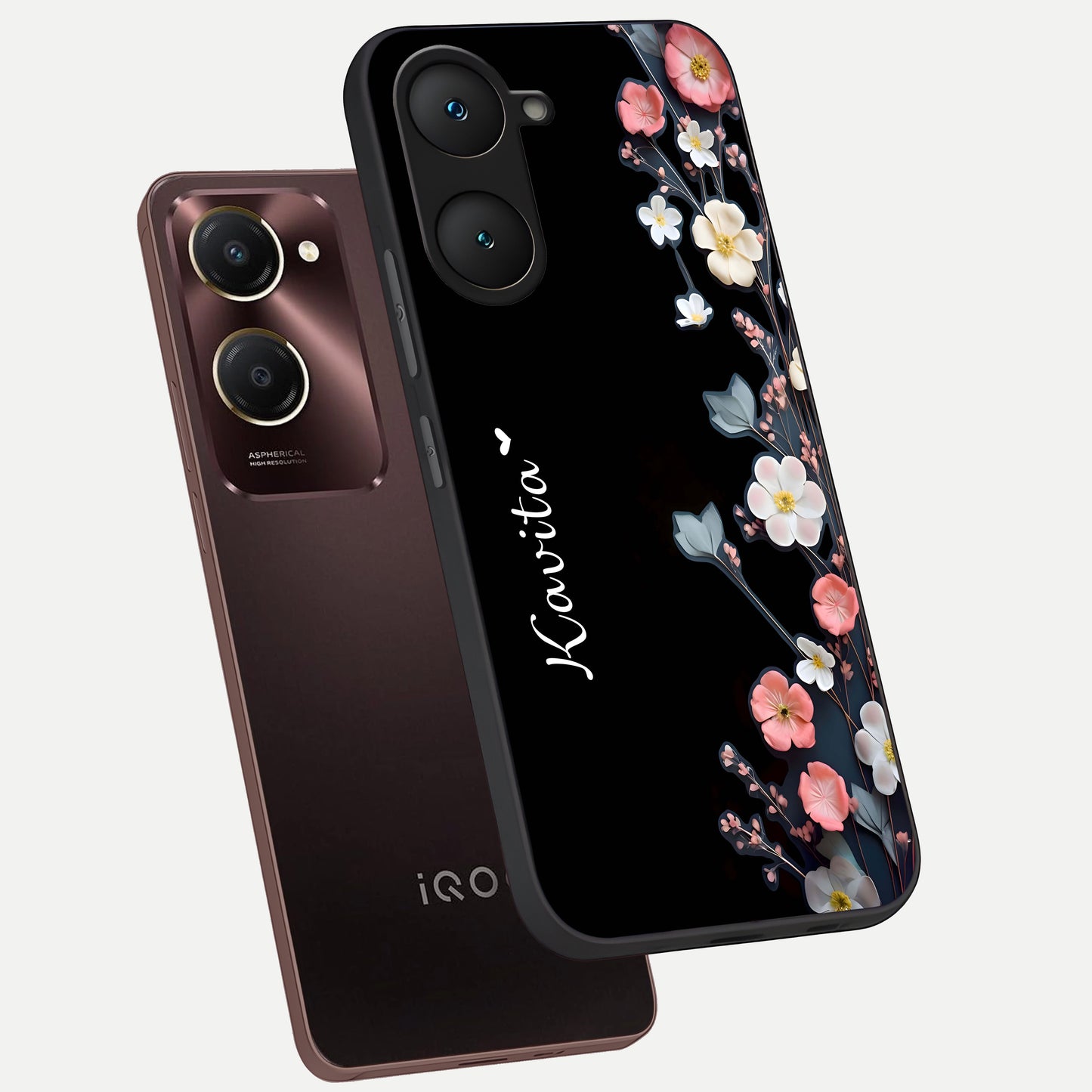  Black Elegance Floral Custom Name phone case for iQOO Z9 lite showing premium glass back cover with detailed artwork