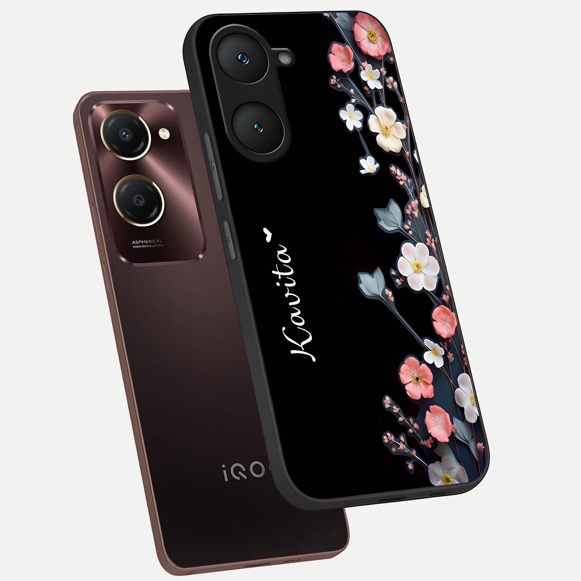  Black Elegance Floral Custom Name phone case for iQOO Z9 lite showing premium glass back cover with detailed artwork