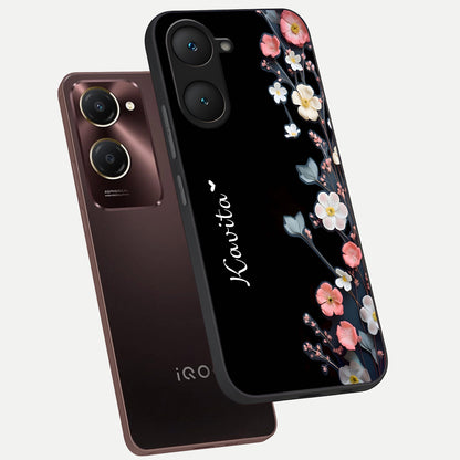  Black Elegance Floral Custom Name phone case for iQOO Z9 lite showing premium glass back cover with detailed artwork