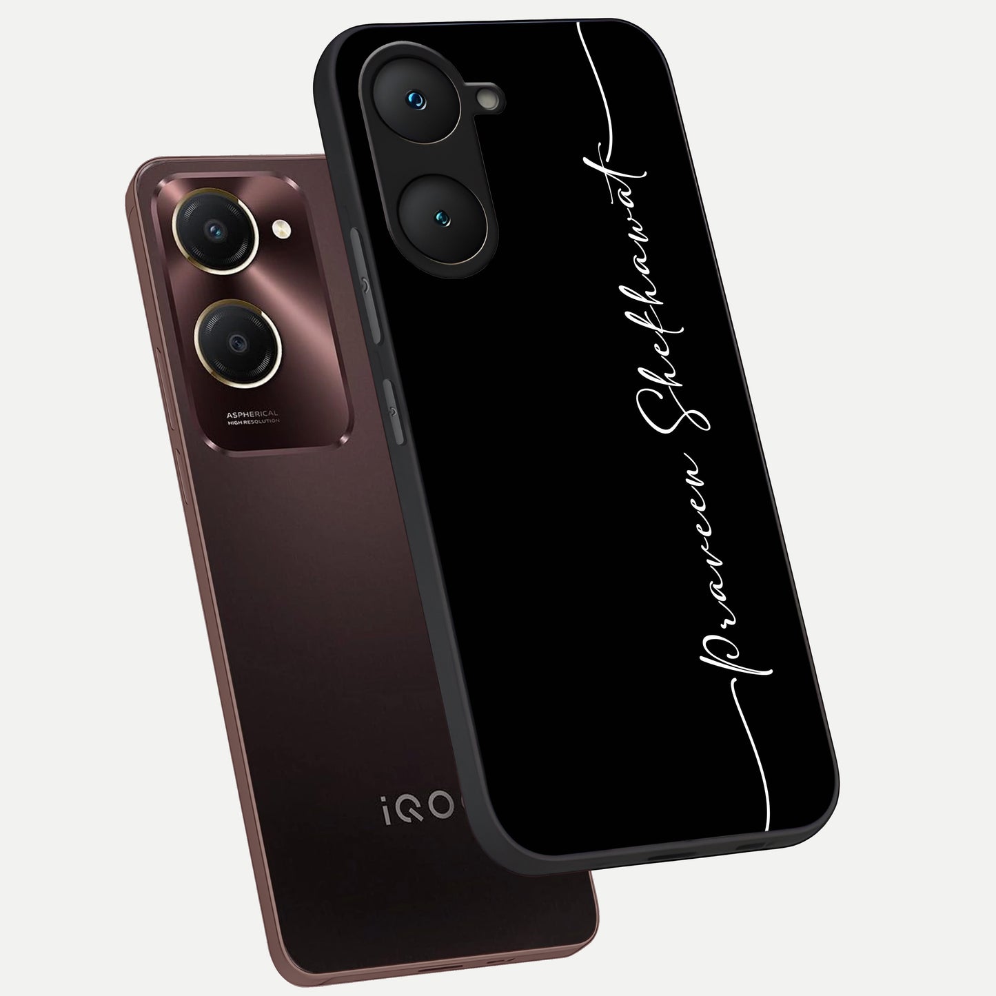  Black Tune Custom Name phone case for iQOO Z9 lite showing premium glass back cover with detailed artwork