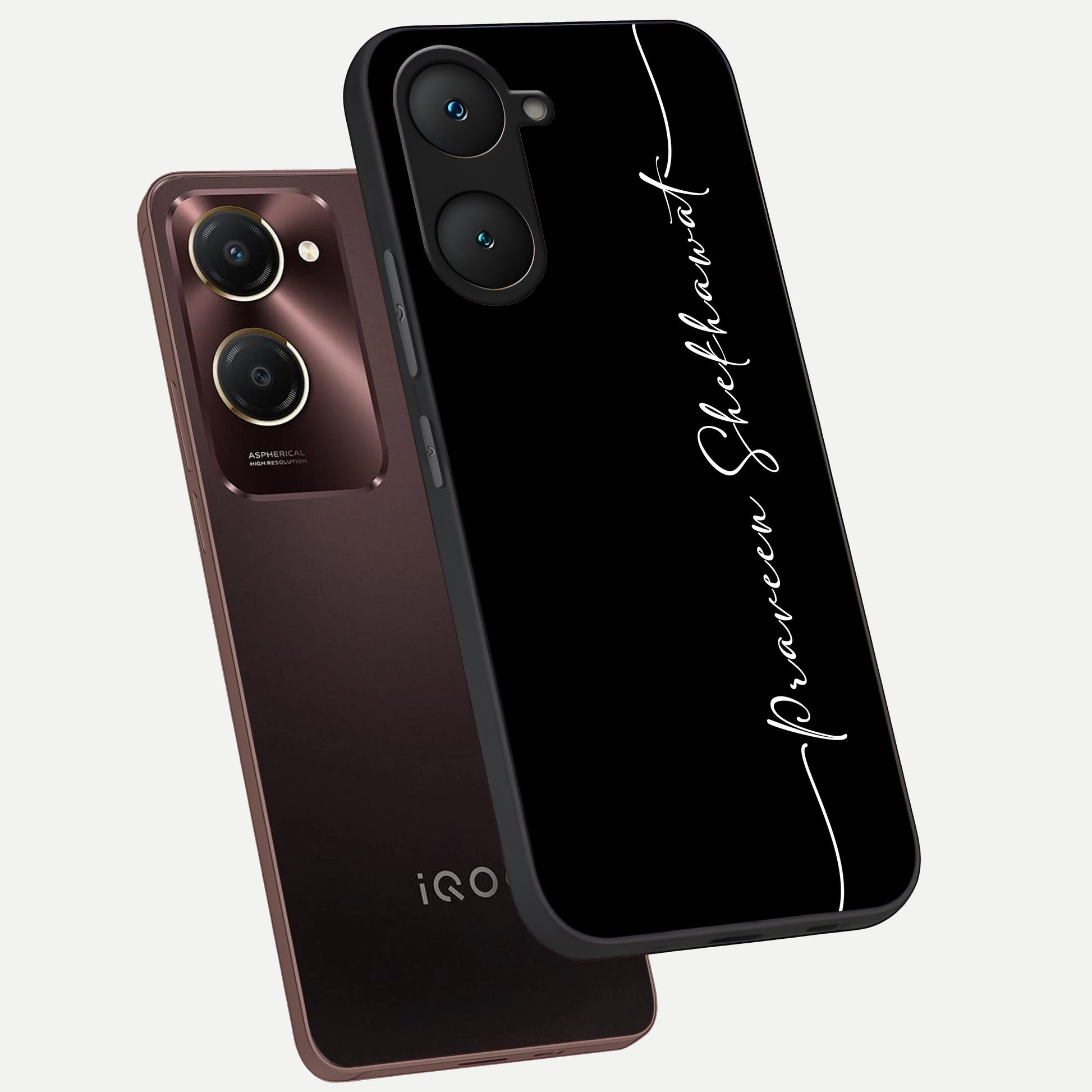  Black Tune Custom Name phone case for iQOO Z9 lite showing premium glass back cover with detailed artwork