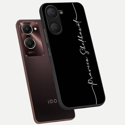  Black Tune Custom Name phone case for iQOO Z9 lite showing premium glass back cover with detailed artwork