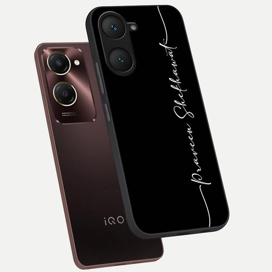  Black Tune Custom Name phone case for iQOO Z9 lite showing premium glass back cover with detailed artwork