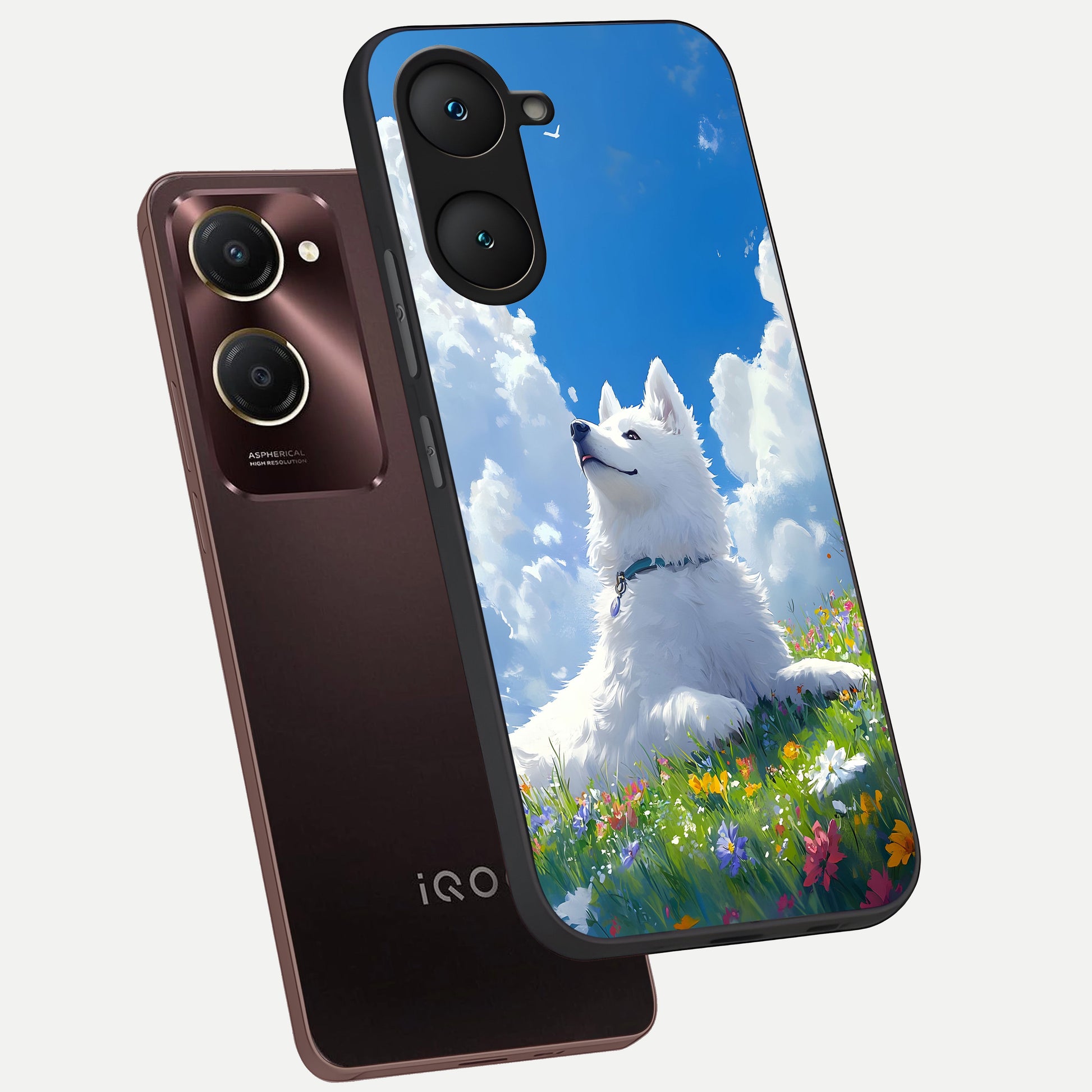  Blissful Cloud Pup phone case for iQOO Z9 lite showing premium glass back cover with detailed artwork