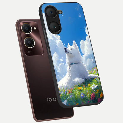  Blissful Cloud Pup phone case for iQOO Z9 lite showing premium glass back cover with detailed artwork