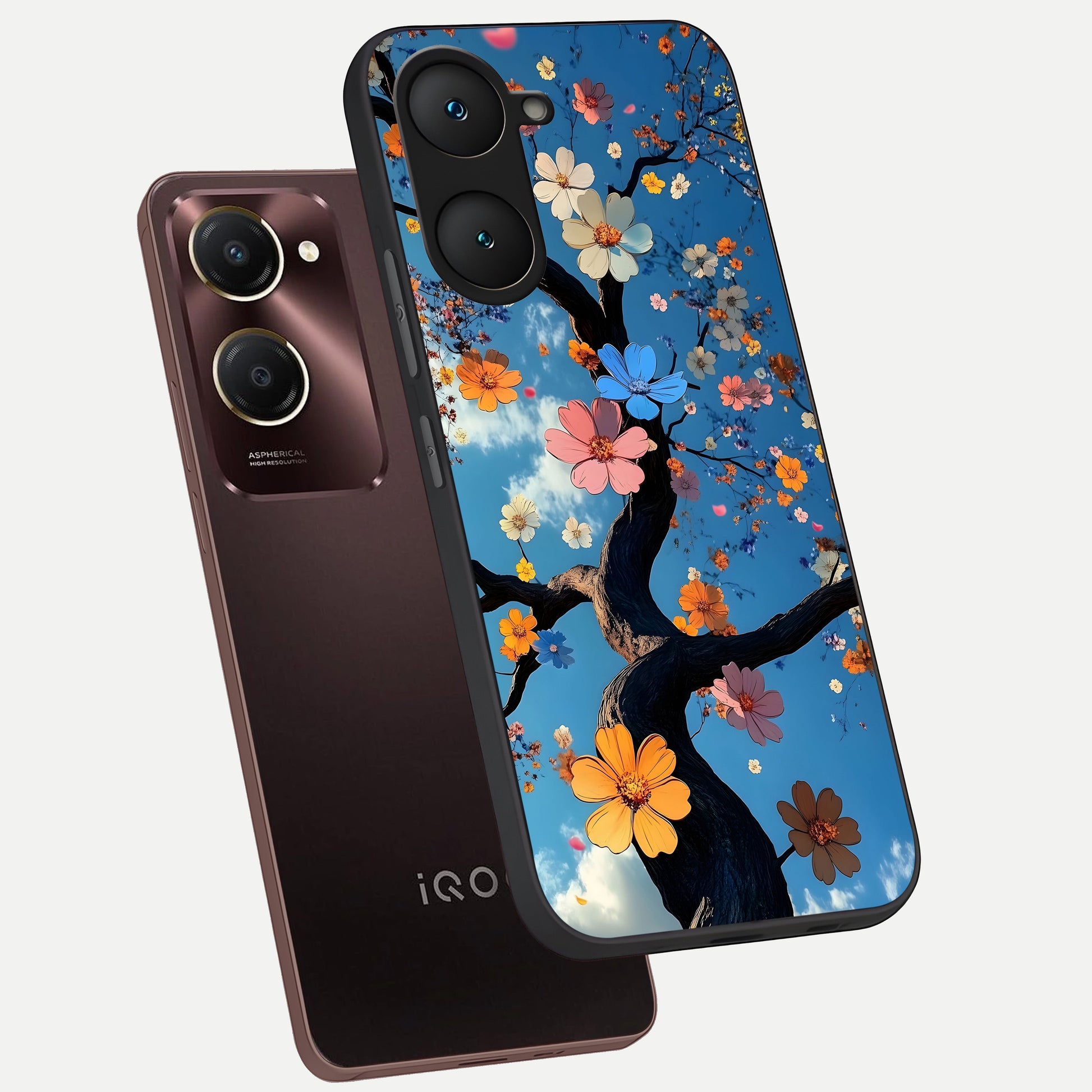  Blossom Dream Sky phone case for iQOO Z9 lite showing premium glass back cover with detailed artwork