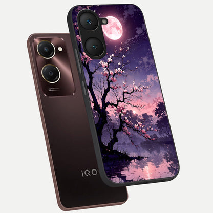  Blossom Pink Moon phone case for iQOO Z9 lite showing premium glass back cover with detailed artwork