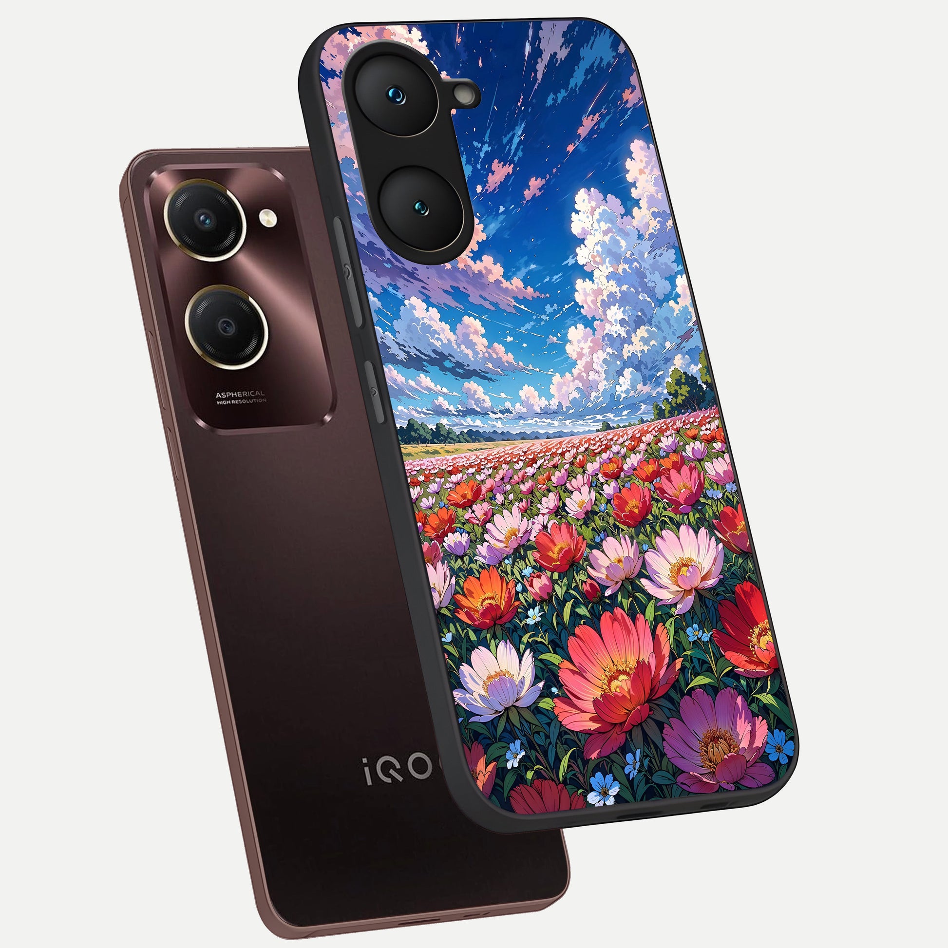  Blossom Sky Field phone case for iQOO Z9 lite showing premium glass back cover with detailed artwork
