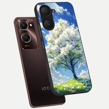  Blossom Sky Serenity phone case for iQOO Z9 lite showing premium glass back cover with detailed artwork