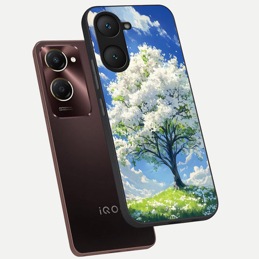  Blossom Sky Serenity phone case for iQOO Z9 lite showing premium glass back cover with detailed artwork
