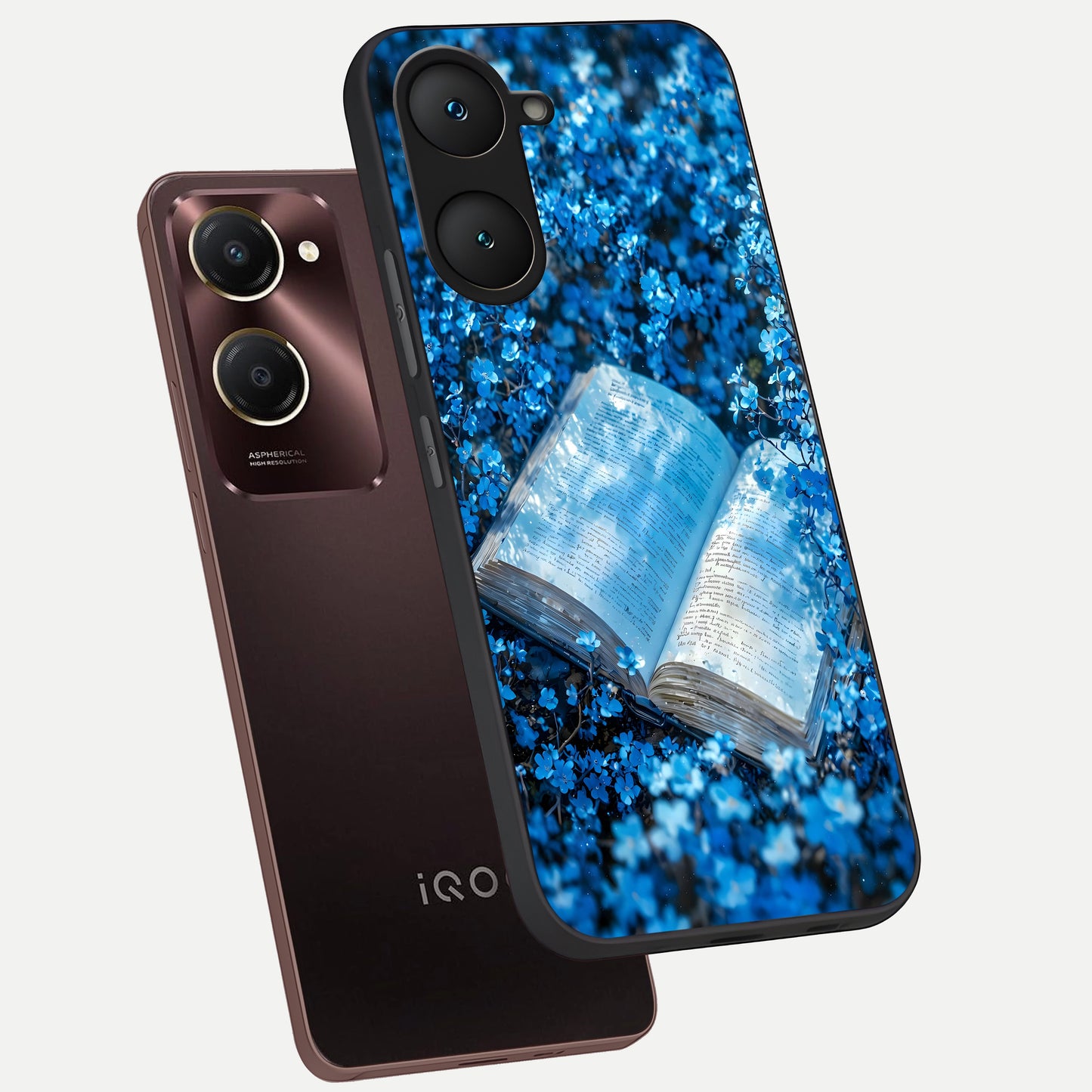  Blue Bloom Tales phone case for iQOO Z9 lite showing premium glass back cover with detailed artwork