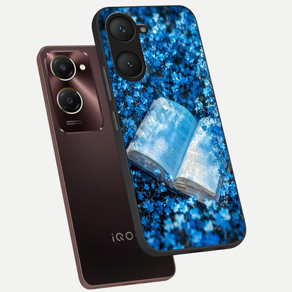 Blue Bloom Tales phone case for iQOO Z9 lite showing premium glass back cover with detailed artwork