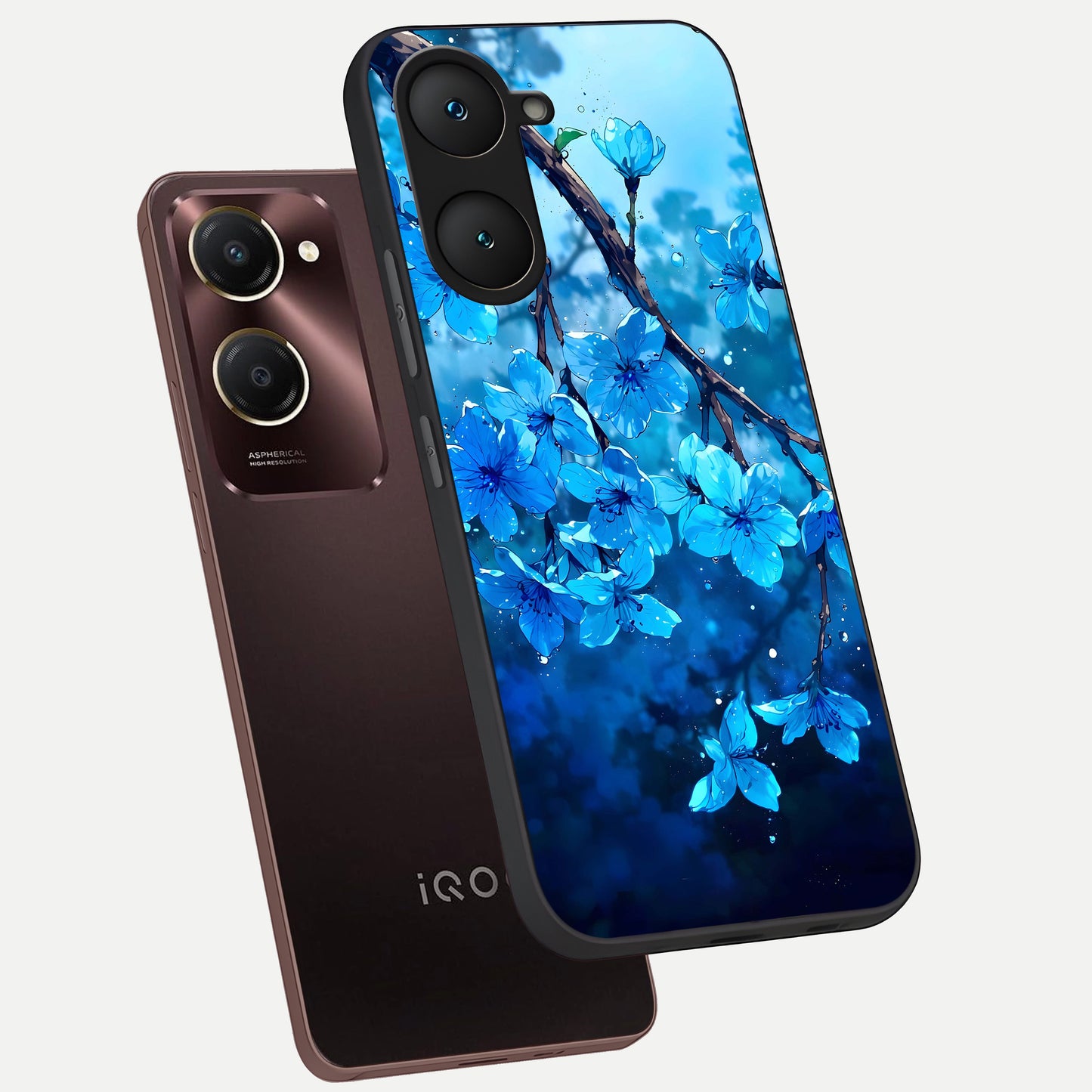  Blue Blossoms Branch phone case for iQOO Z9 lite showing premium glass back cover with detailed artwork