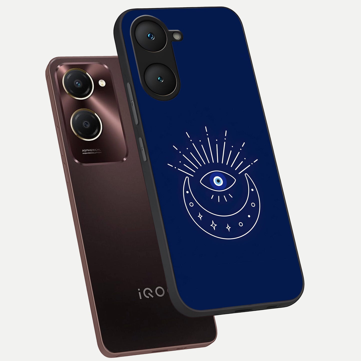 Blue Evil Eye phone case for iQOO Z9 lite showing premium glass back cover with detailed artwork