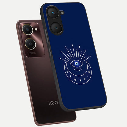  Blue Evil Eye phone case for iQOO Z9 lite showing premium glass back cover with detailed artwork