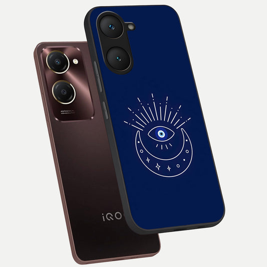  Blue Evil Eye phone case for iQOO Z9 lite showing premium glass back cover with detailed artwork