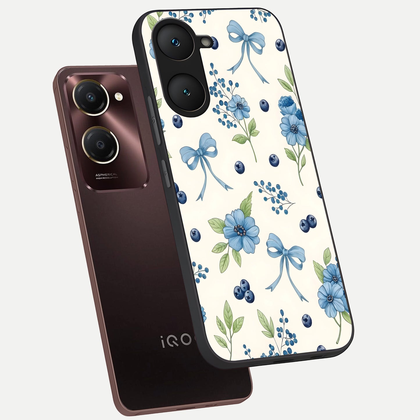  Blue Flower And Bow phone case for iQOO Z9 lite showing premium glass back cover with detailed artwork