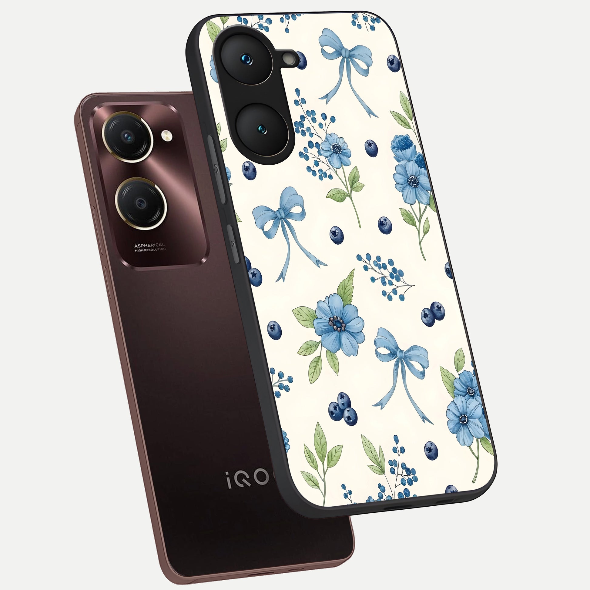  Blue Flower And Bow phone case for iQOO Z9 lite showing premium glass back cover with detailed artwork