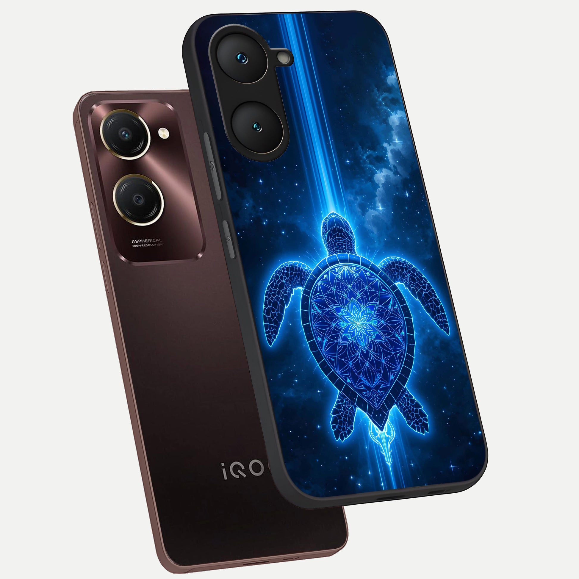  Blue Galaxy Turtle phone case for iQOO Z9 lite showing premium glass back cover with detailed artwork