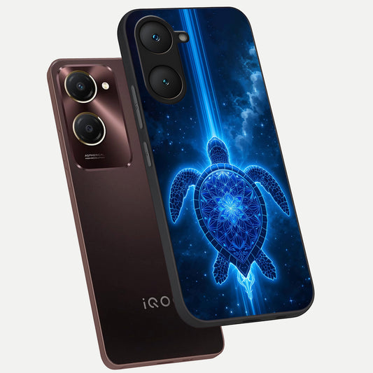  Blue Galaxy Turtle phone case for iQOO Z9 lite showing premium glass back cover with detailed artwork