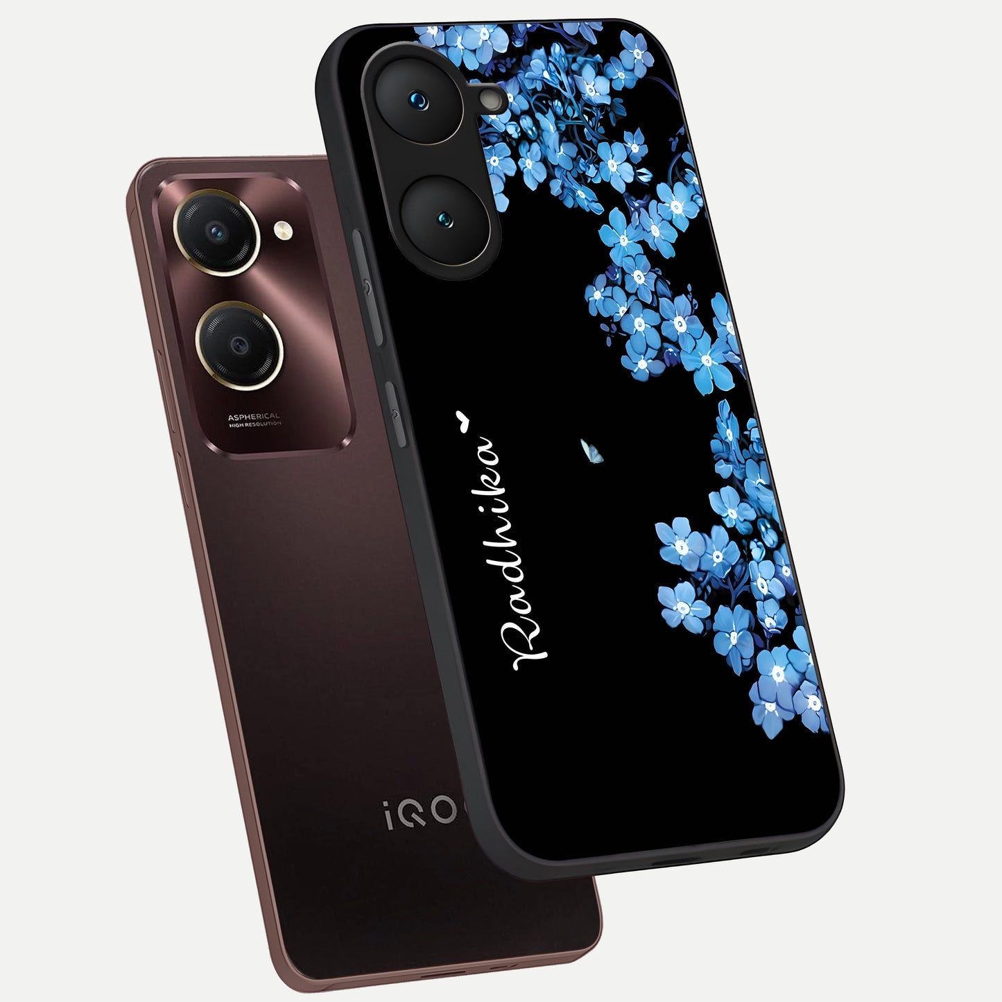  Blue Petal Dream Custom Name phone case for iQOO Z9 lite showing premium glass back cover with detailed artwork