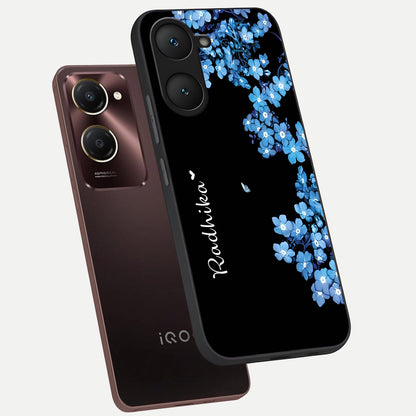  Blue Petal Dream Custom Name phone case for iQOO Z9 lite showing premium glass back cover with detailed artwork