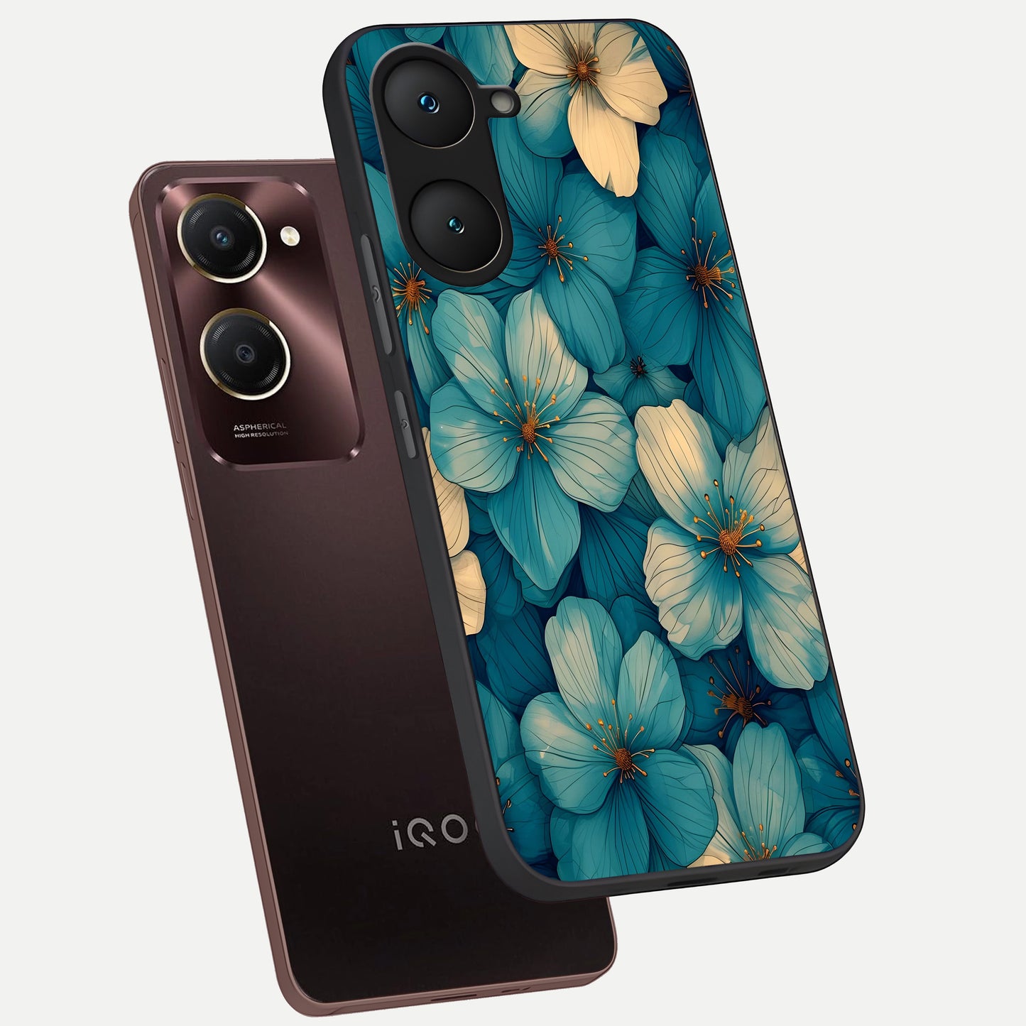  Blue Shade Floral phone case for iQOO Z9 lite showing premium glass back cover with detailed artwork