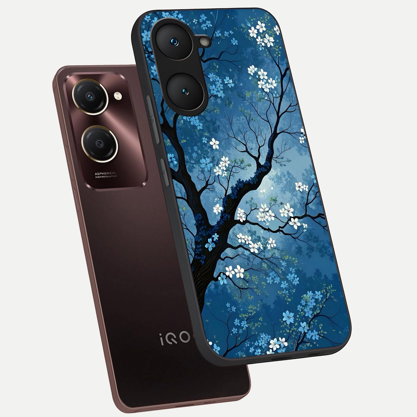  Blue Tree Serenity phone case for iQOO Z9 lite showing premium glass back cover with detailed artwork