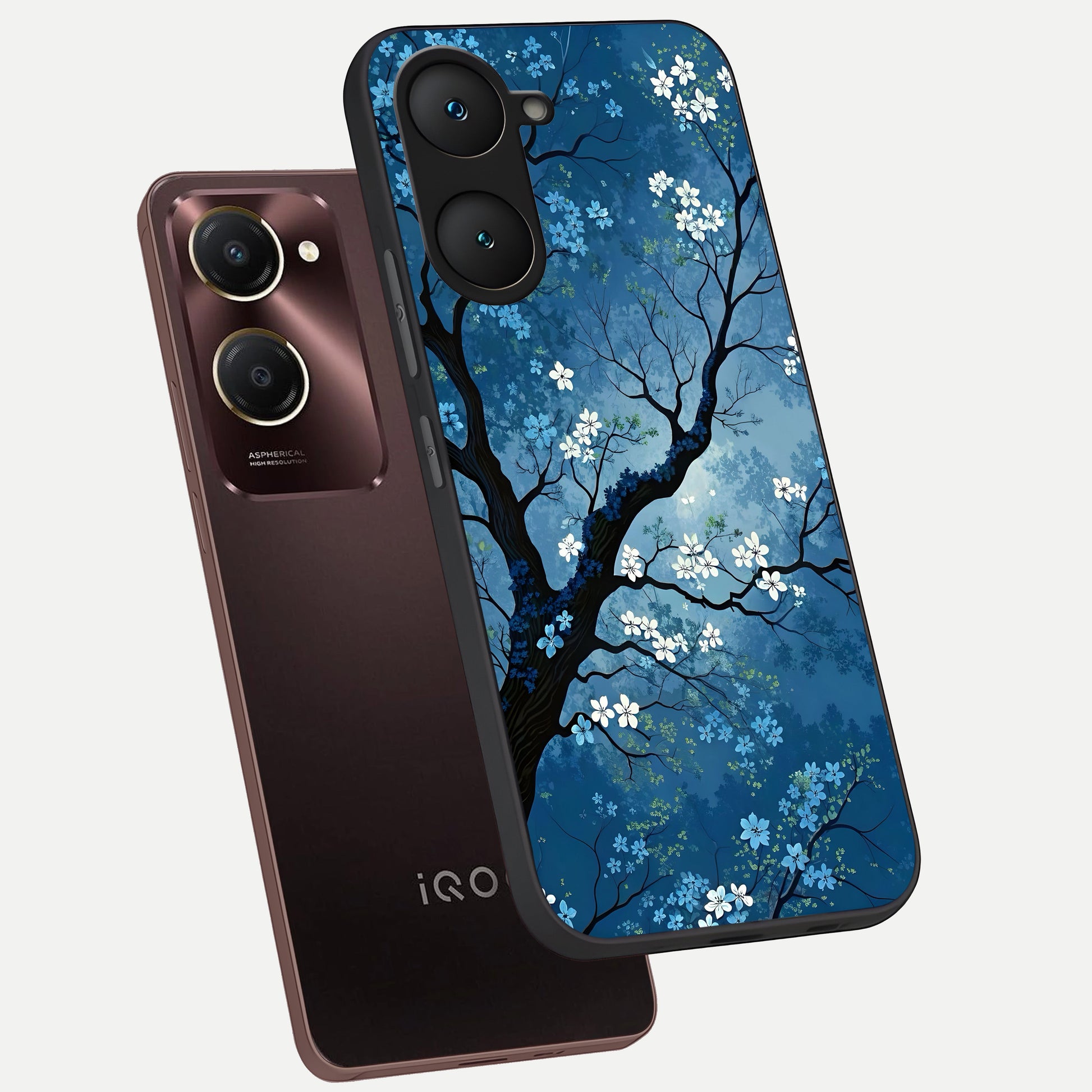  Blue Tree Serenity phone case for iQOO Z9 lite showing premium glass back cover with detailed artwork