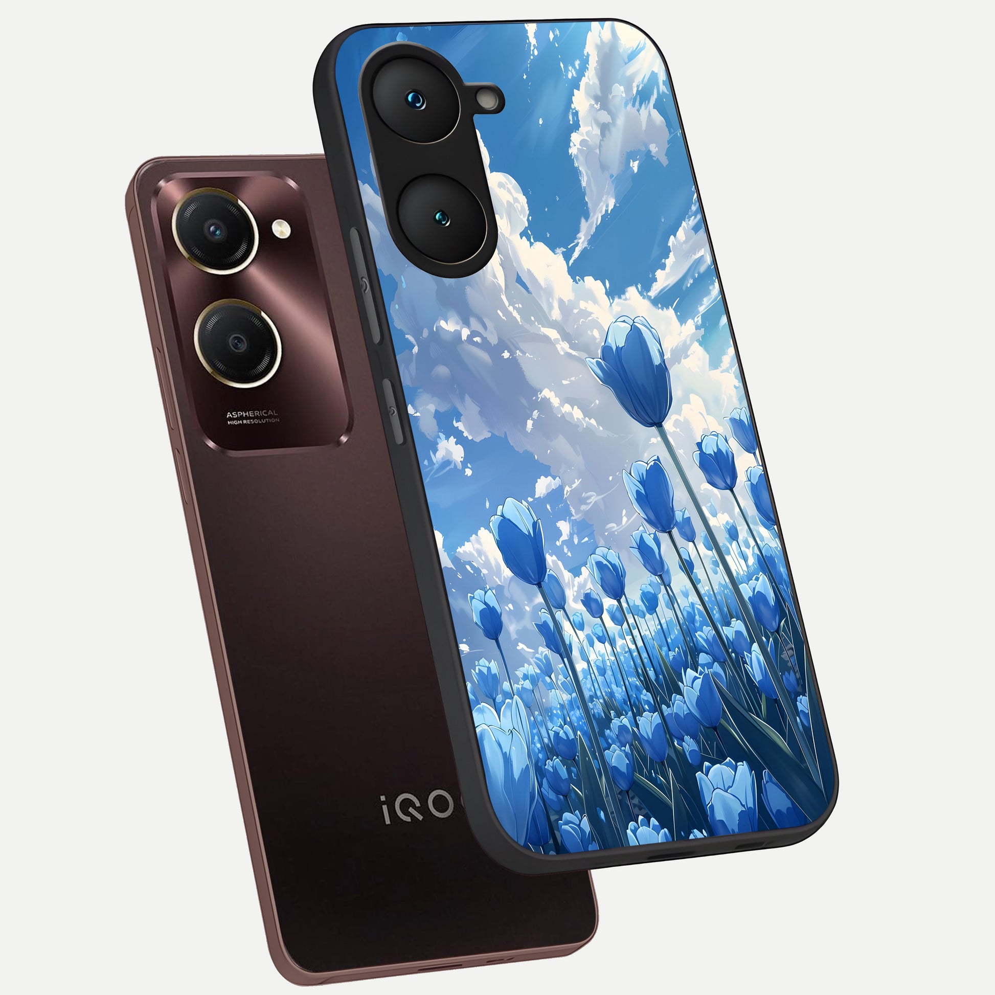  Blue Tulip Clouds phone case for iQOO Z9 lite showing premium glass back cover with detailed artwork