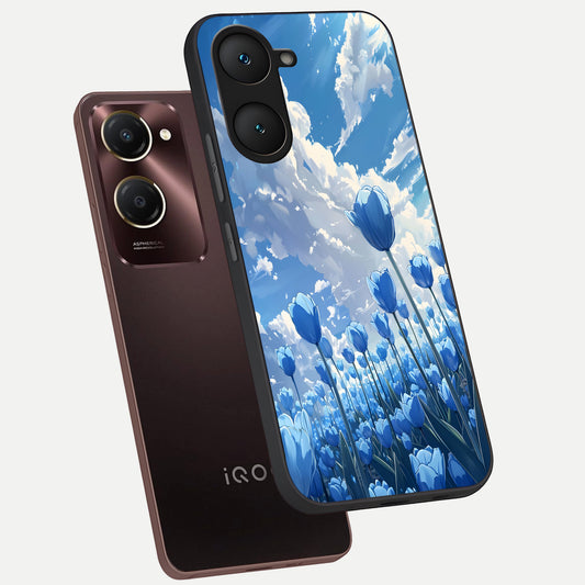  Blue Tulip Clouds phone case for iQOO Z9 lite showing premium glass back cover with detailed artwork