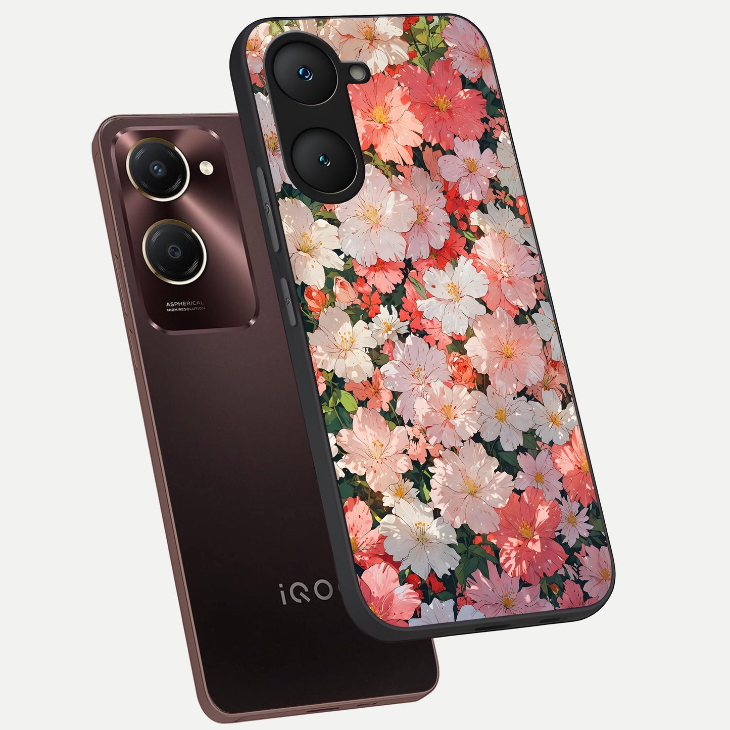  Blush Bloom Field phone case for iQOO Z9 lite showing premium glass back cover with detailed artwork