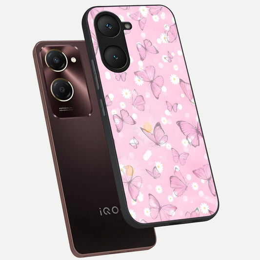  Blush Butterfly Garden phone case for iQOO Z9 lite showing premium glass back cover with detailed artwork