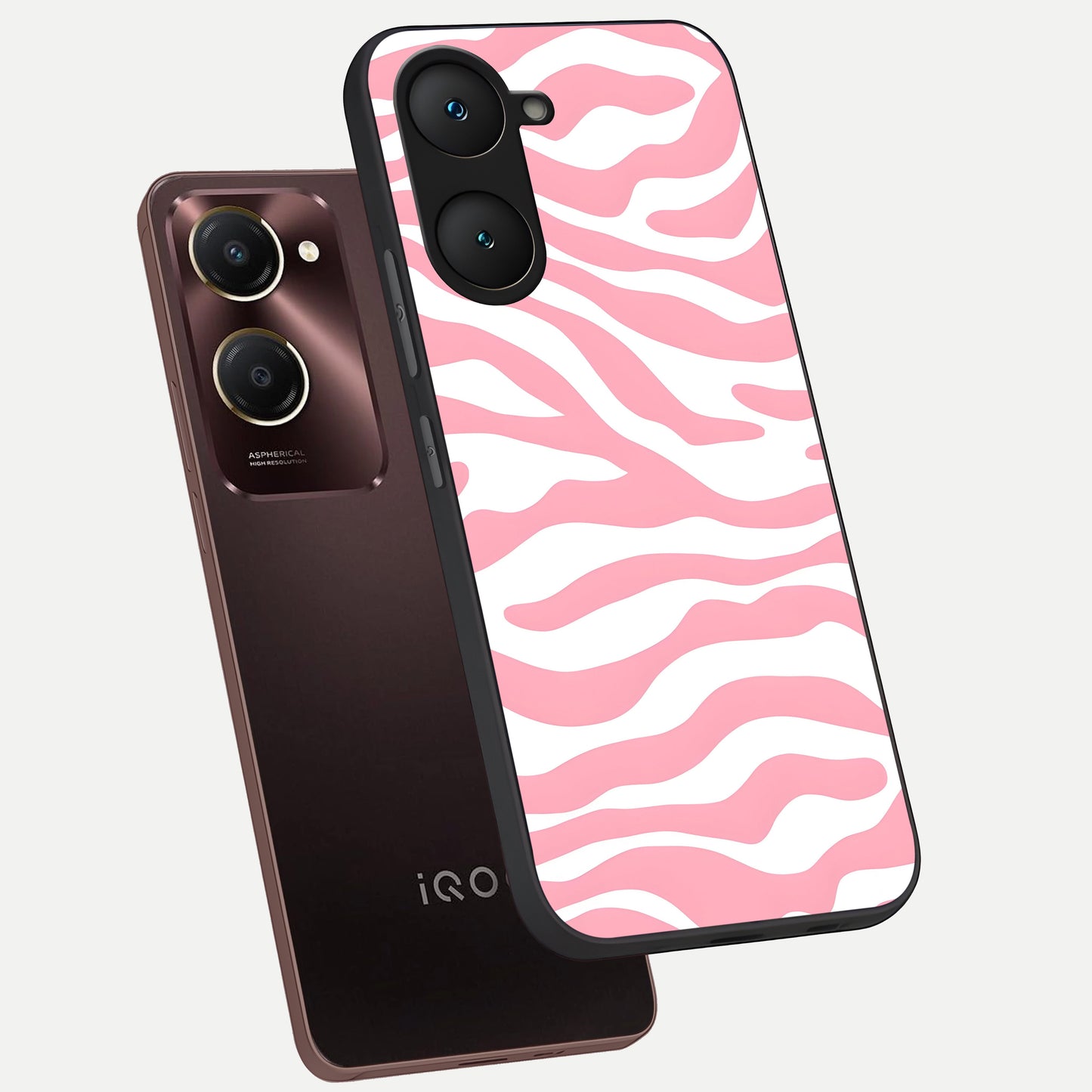  Blush Zebra Flow phone case for iQOO Z9 lite showing premium glass back cover with detailed artwork