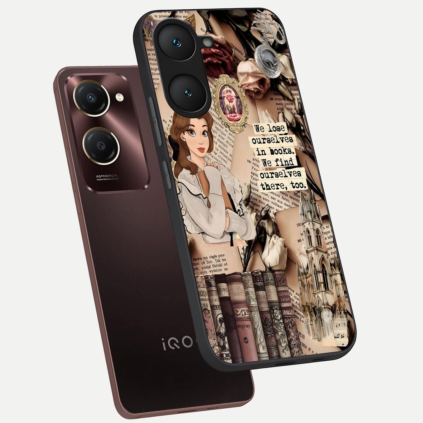  Bookish Dream World phone case for iQOO Z9 lite showing premium glass back cover with detailed artwork