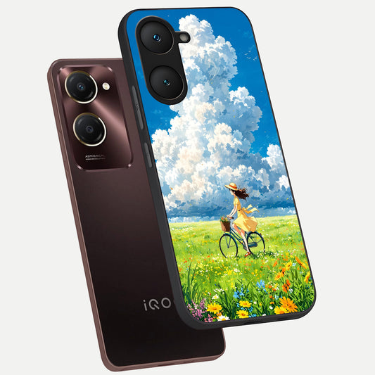  Breezy Meadow Ride phone case for iQOO Z9 lite showing premium glass back cover with detailed artwork