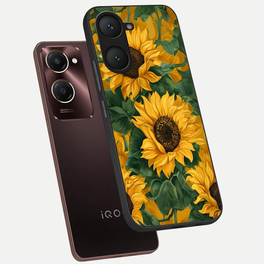  Bright Sunflower Bloom phone case for iQOO Z9 lite showing premium glass back cover with detailed artwork