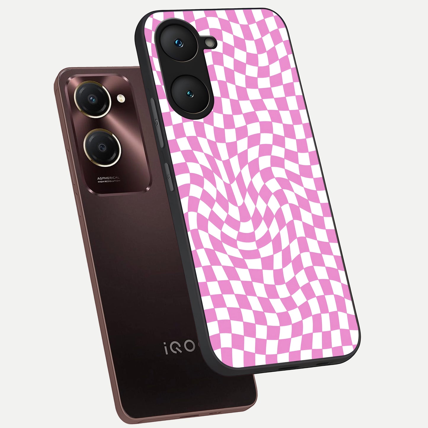  Bubblegum Check Wave phone case for iQOO Z9 lite showing premium glass back cover with detailed artwork