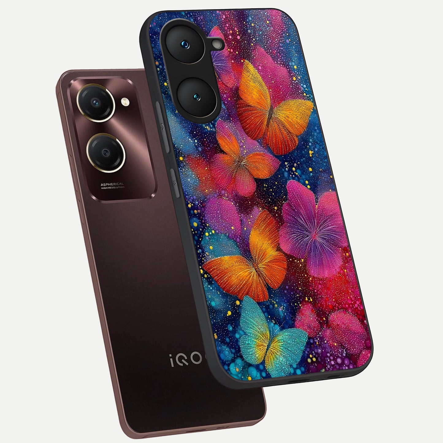  Butterfly Dream Mist phone case for iQOO Z9 lite showing premium glass back cover with detailed artwork